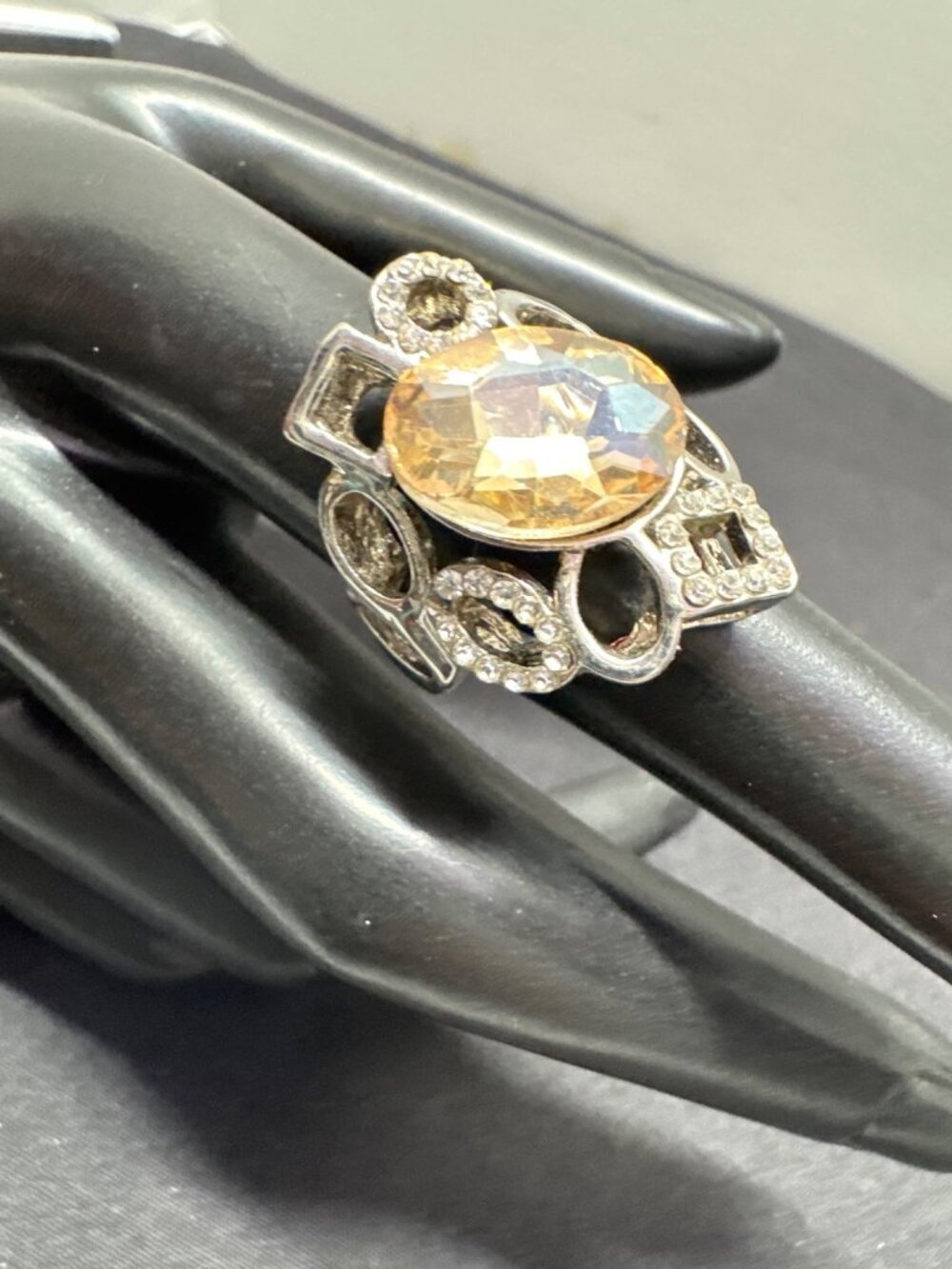 Sterling Silver Statement Ring With Citrine Stone & Clear Accents Geometric Desi